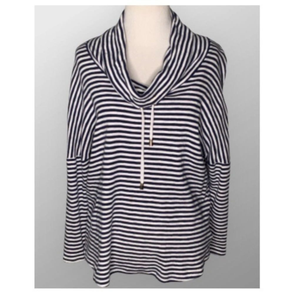 Jones of New York Black & White Striped Knit Tie Cowl Neck Drop Shoulder Top M